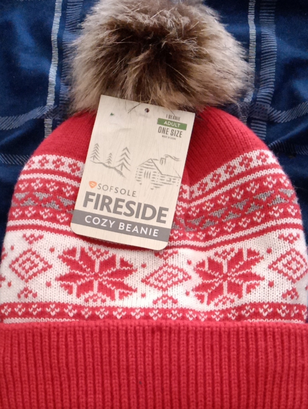 Fireside Cozy Beanie - Red/White with Faux Fur Pom